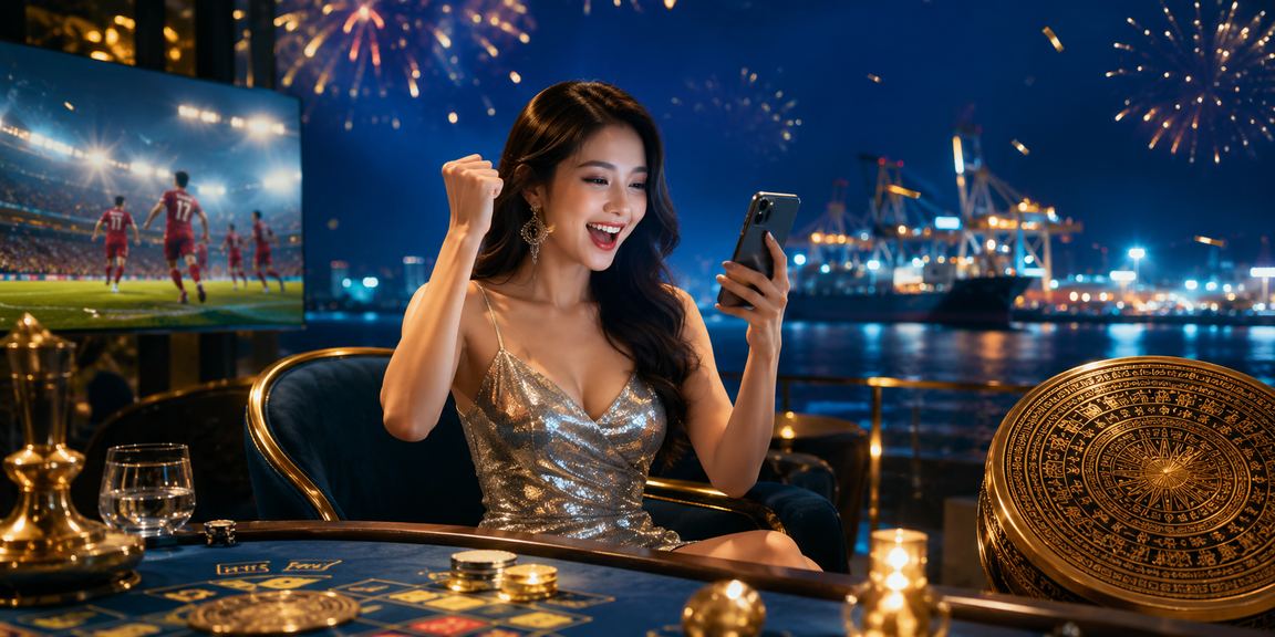 Khung cảnh casino Việt Nam với bàn bài và màn hình hiển thị kết quả cược trực tuyến